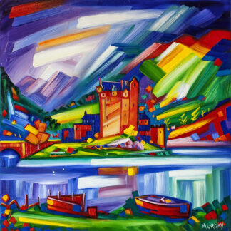 A vibrant and colorful expressionist style painting of a lakeside scene with buildings, boats, and dynamic brush strokes. By Raymond Murray